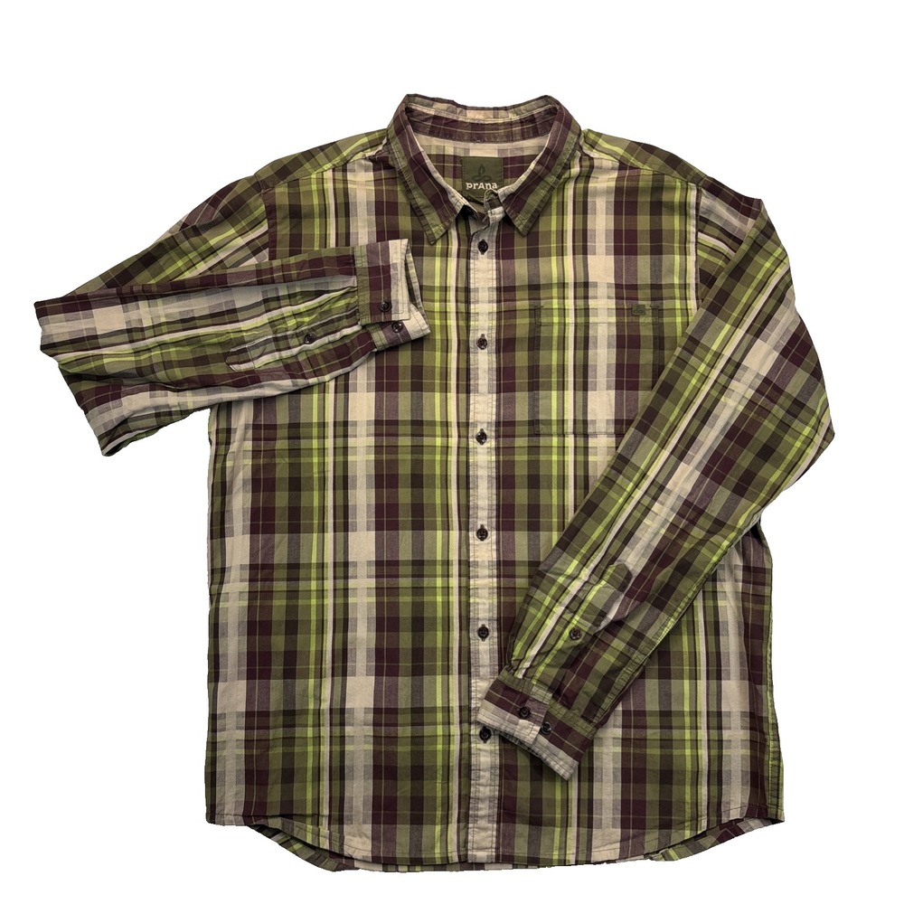 prAna Men's Plaid Button-Up Shirt Size L Organic Cotton Chest Pocket Outdoor